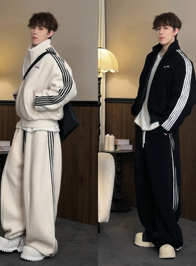 冬季新品摇粒绒保暖套装男条纹棉款外套休闲裤潮流两件套高品质潮