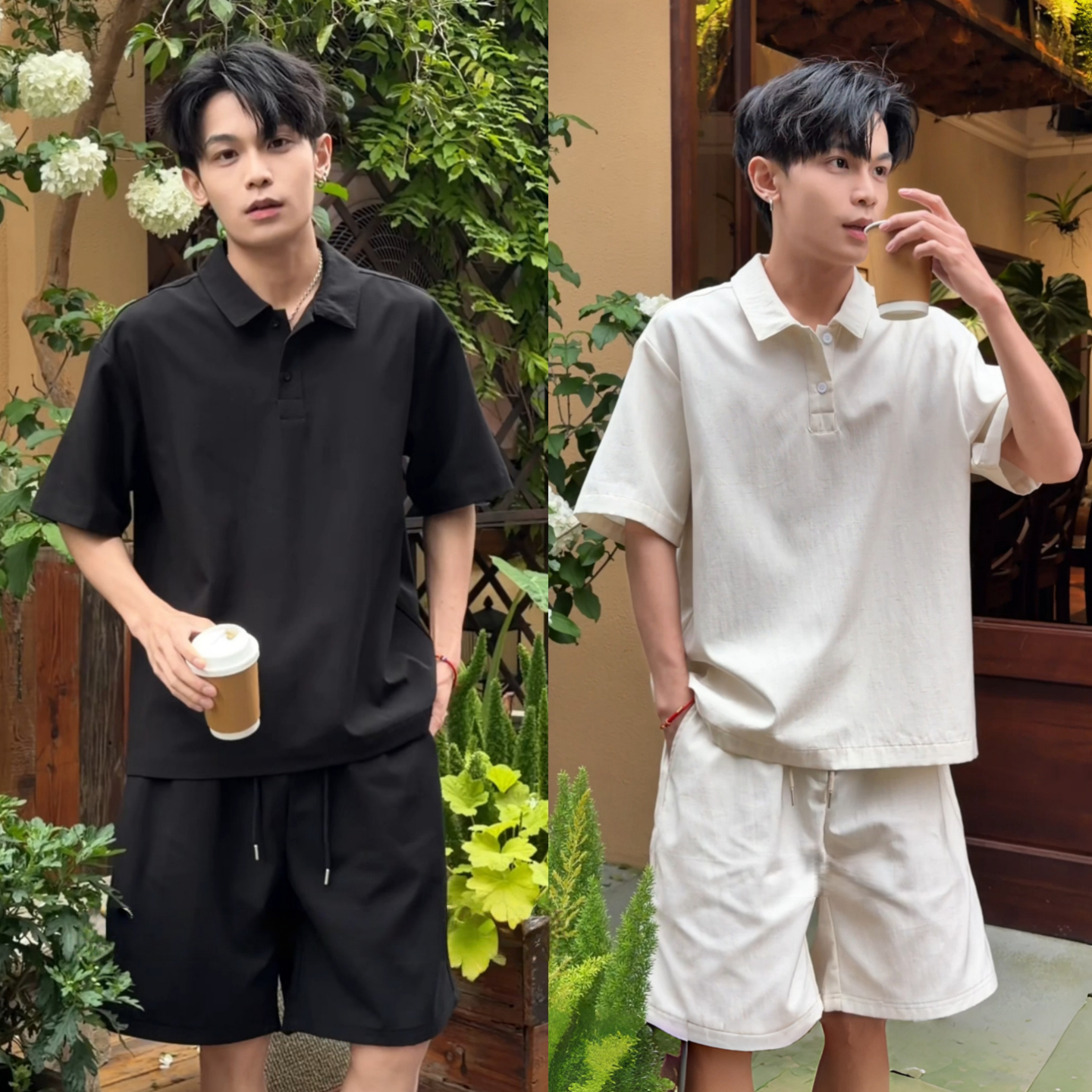 夏季宽松百搭短袖POLO领衬衫长裤两件套休闲运动风套装男士套装潮