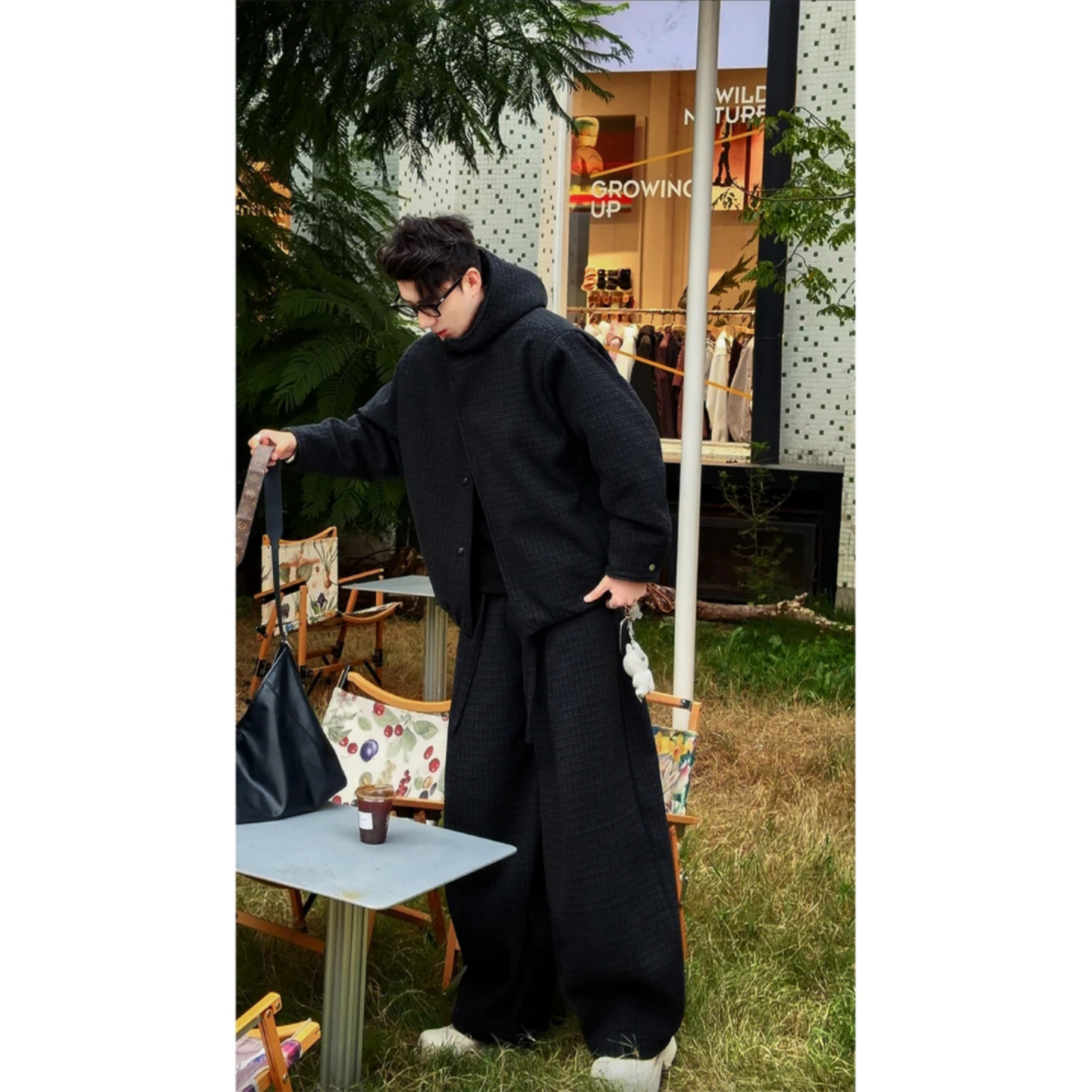 秋冬复古格子夹克套装男