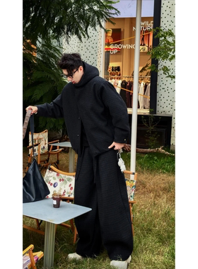 冬季新品小众高级感复古格子夹克套装男潮流百搭重磅外套休闲长裤