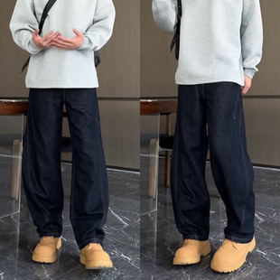 丹宁蓝休闲弯刀裤 潮流男裤 男美式 直筒牛仔裤 高街立体剪裁时尚 秋季