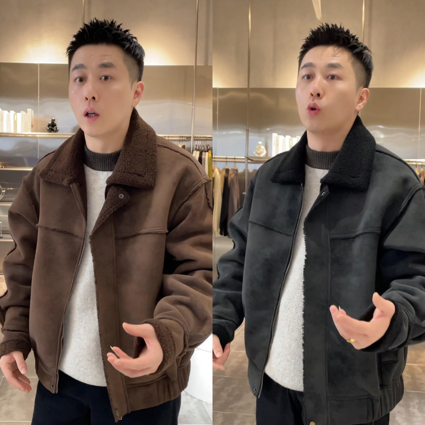 【冬季皮毛一体时尚拉链夹克翻领外套】男士美式复古保暖百搭外套