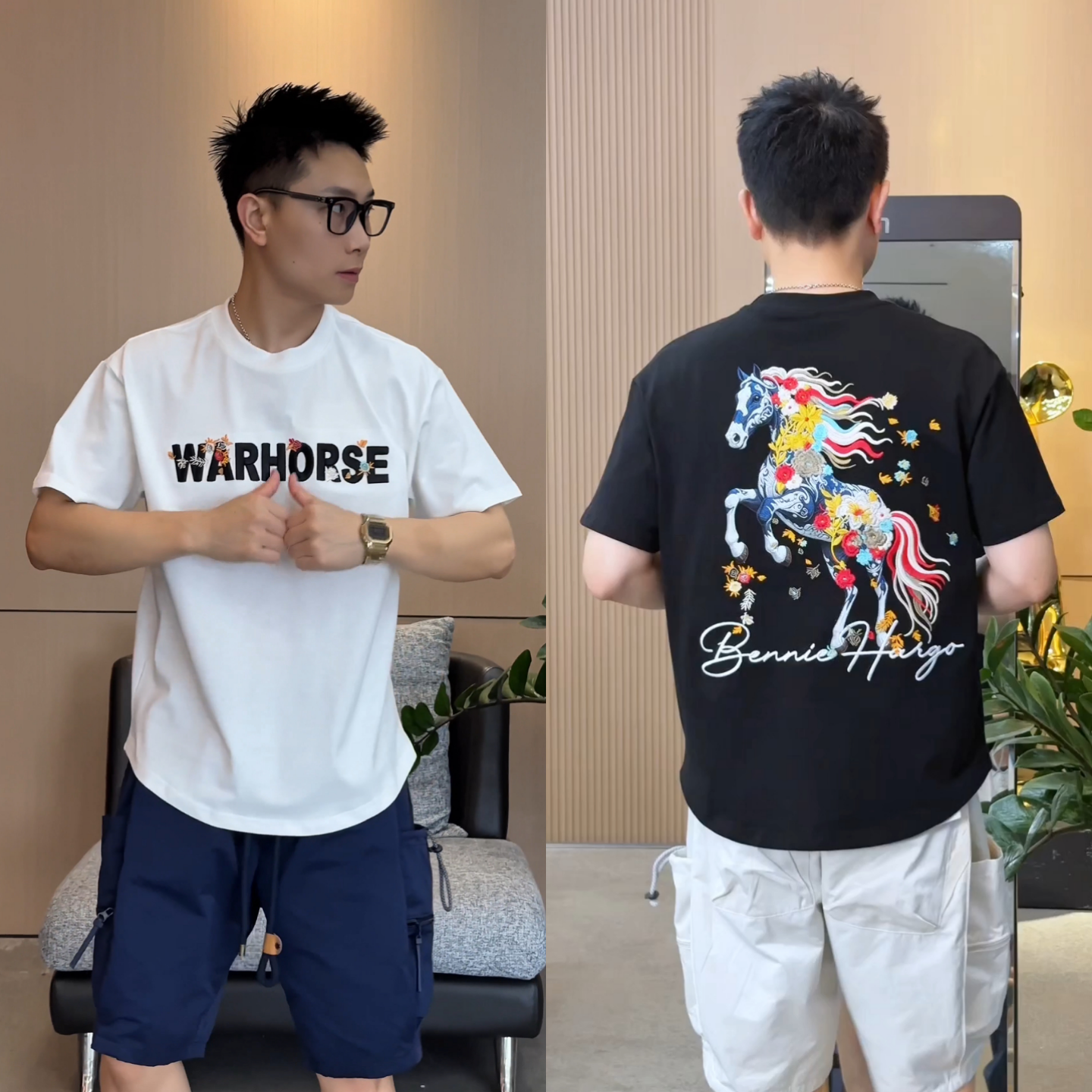 夏季花卉奔马刺绣设计感短袖T恤男士新款时尚圆领宽松百搭上衣潮