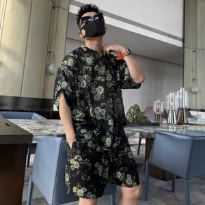 夏季轻薄洋气套装男士花卉短袖套头衫花色时尚休闲短裤两件套痞帅