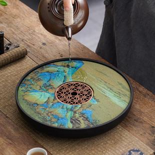 茶托盘 陶瓷吸水茶盘家用茶具泡茶台圆形干泡台千里江山蓄水排水式