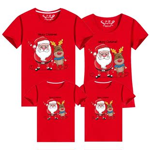 短袖 红色圣诞亲子装 t恤2024圣诞鹿洋气一家三口四口母子女全家装