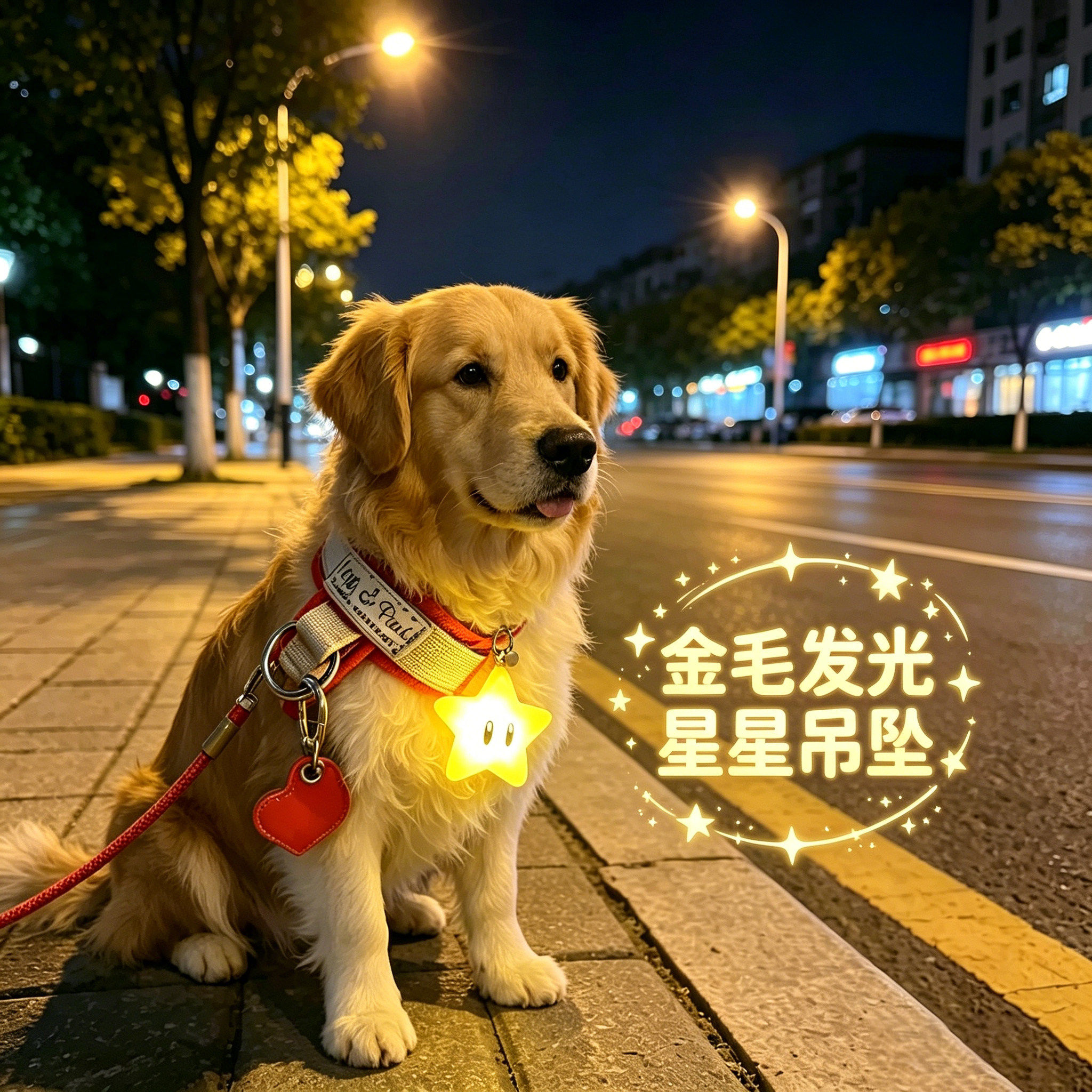 金毛专用狗狗夜间发光吊坠项圈夜晚发光灯防走失遛狗夜行灯星星灯