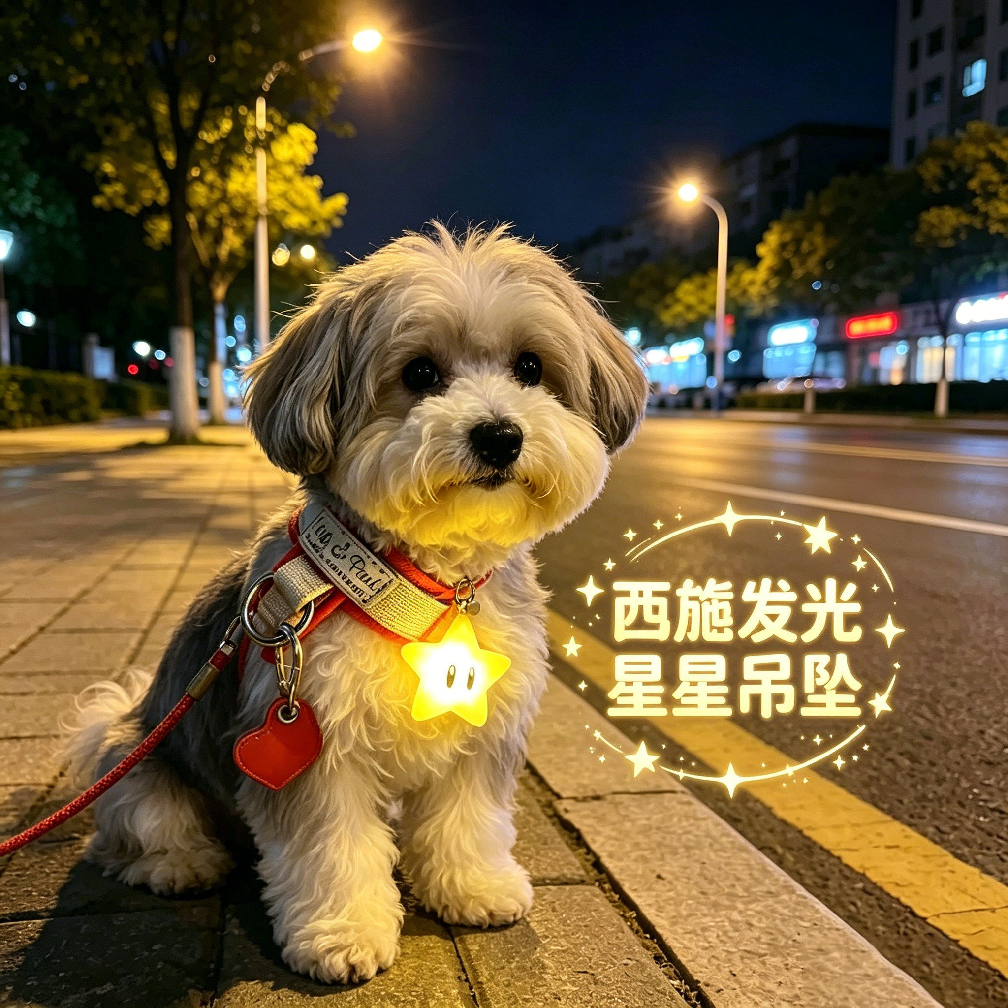 西施犬专用狗狗夜间发光吊坠项圈夜晚发光灯防走失遛狗牵引绳神器