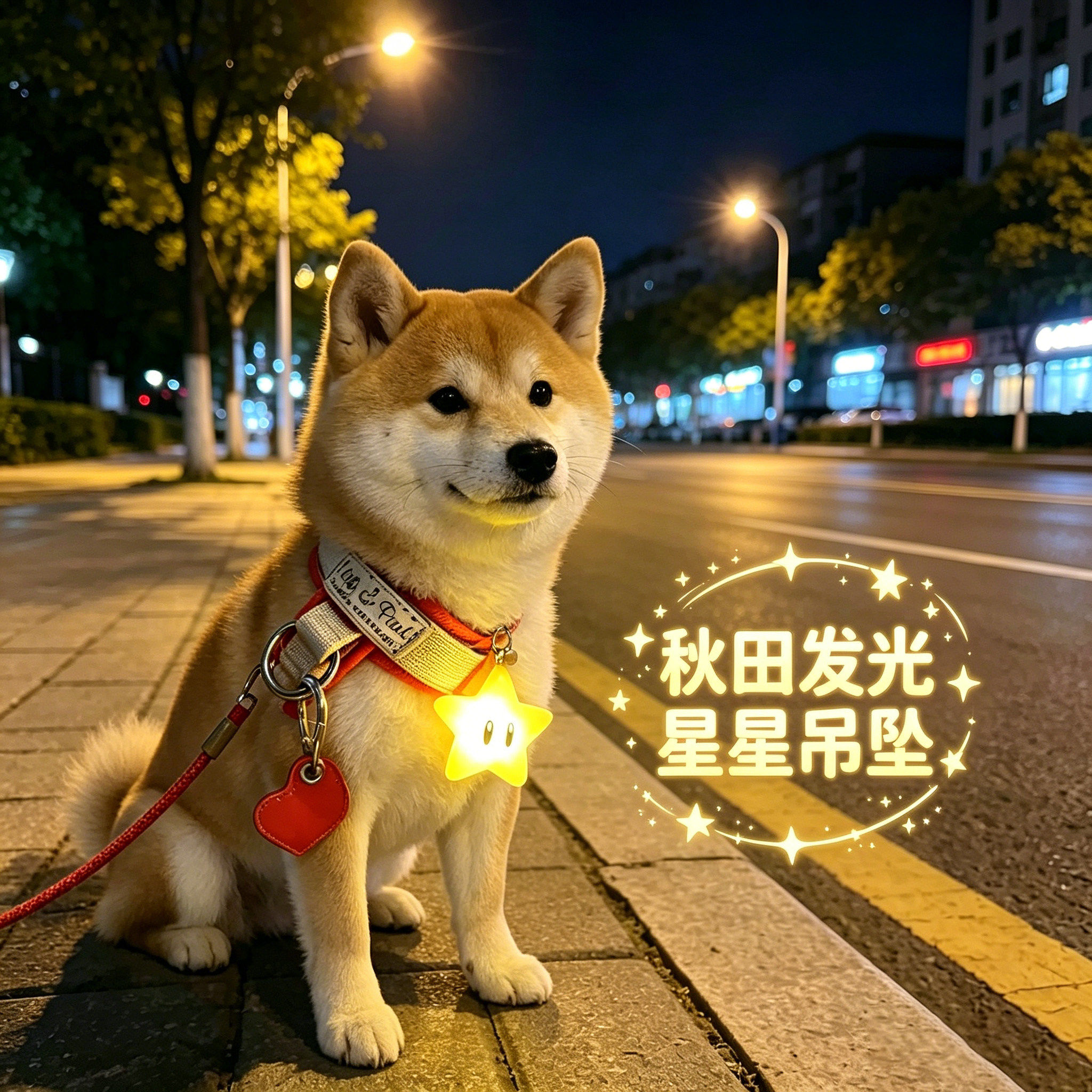 秋田专用狗狗夜间发光吊坠项圈夜晚发光灯防走失遛狗夜行灯星星灯