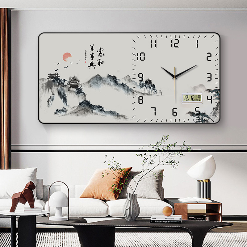 国风水墨装饰画挂钟客厅餐厅静音日历时钟中式山水国画挂画钟表