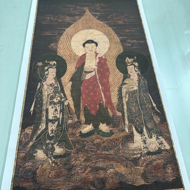 明人阿弥陀佛西方三圣像复古书画人物国画真迹微喷仿古装裱装饰画