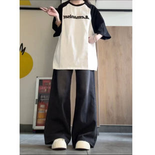 美式高街黑色阔腿裤牛仔裤女款小个子春季新款大码宽松裤子
