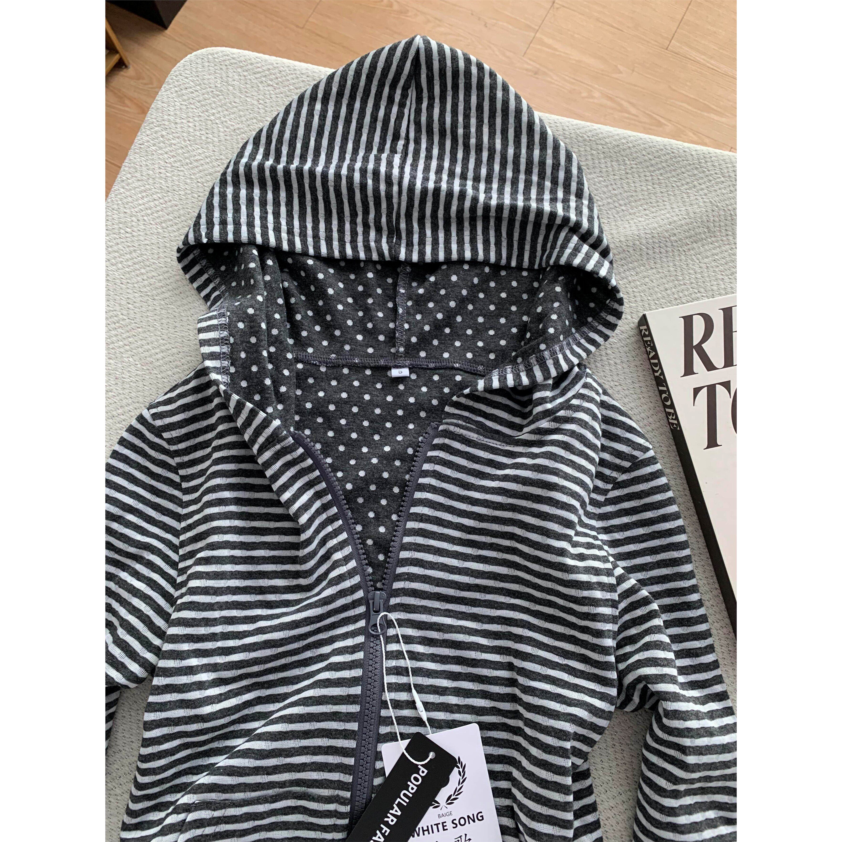 美式覆古灰色条纹波点连帽拉炼卫衣外套女秋季修身短款开衫上衣潮