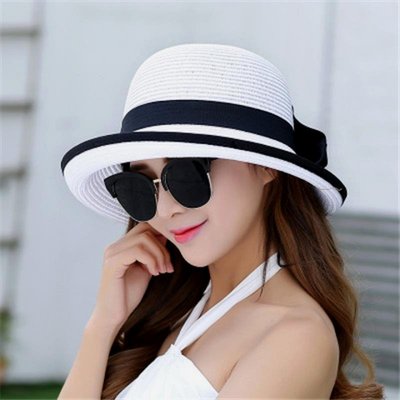 草帽女夏天防晒遮阳帽子白色卷边女式沙滩时尚夏季女款海边太阳帽