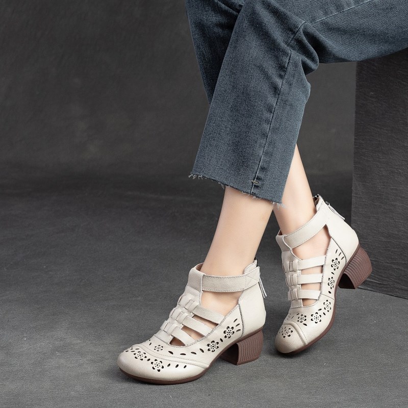 2025夏季头层牛皮中老年镂空凉鞋真皮妈K妈鞋复古民族风高帮凉靴