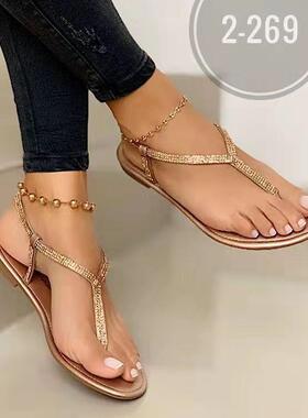 summer ladies Leather Gold Flat sandals for women shoes Toe