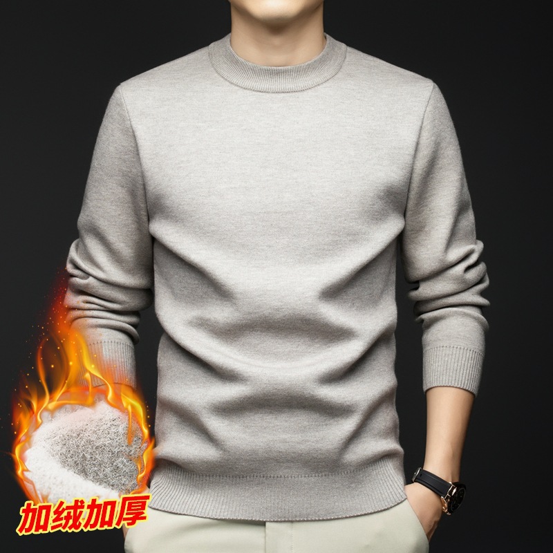 日本品质男士圆领套头针织衫纯色加绒长袖中年商务休闲保暖打底衫