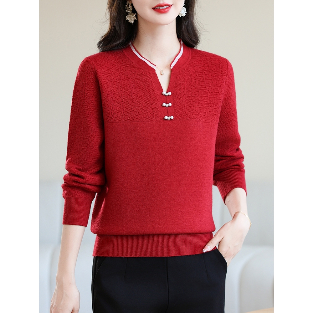 日本品质妈妈新款冬装喜婆婆加绒针织打底衫女中老年女装洋气喜庆