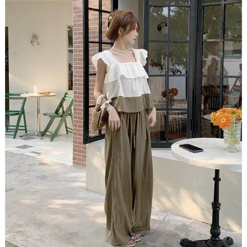 休闲慵懒风阔腿裤套装女夏季大码女装设计感小飞袖衬衫裤子两件套