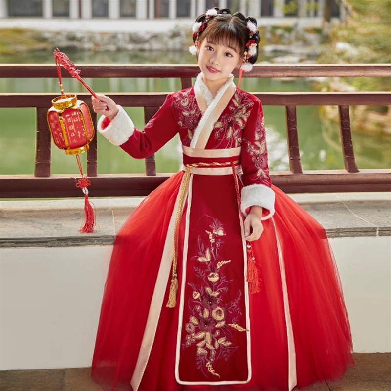 女童汉服冬季拜年服加厚儿童唐A装中国风襦裙花童古装超仙新年汉
