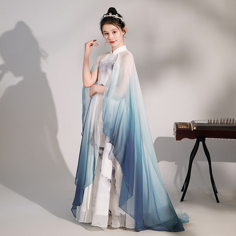 女童礼服新款中大童弹古筝演出服中国风艺考民乐演奏礼服千里江山