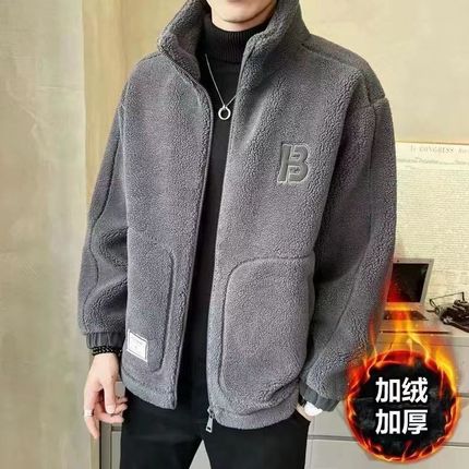 欧洲站羊羔毛外套男秋冬季新款时尚棉服颗粒绒S加绒加厚潮牌外穿