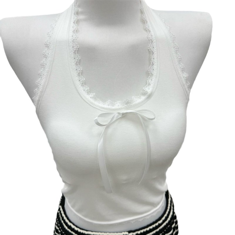 BM风 白色花边领蝴蝶结打底吊带背心女bm新款辣妹风修身内搭上衣