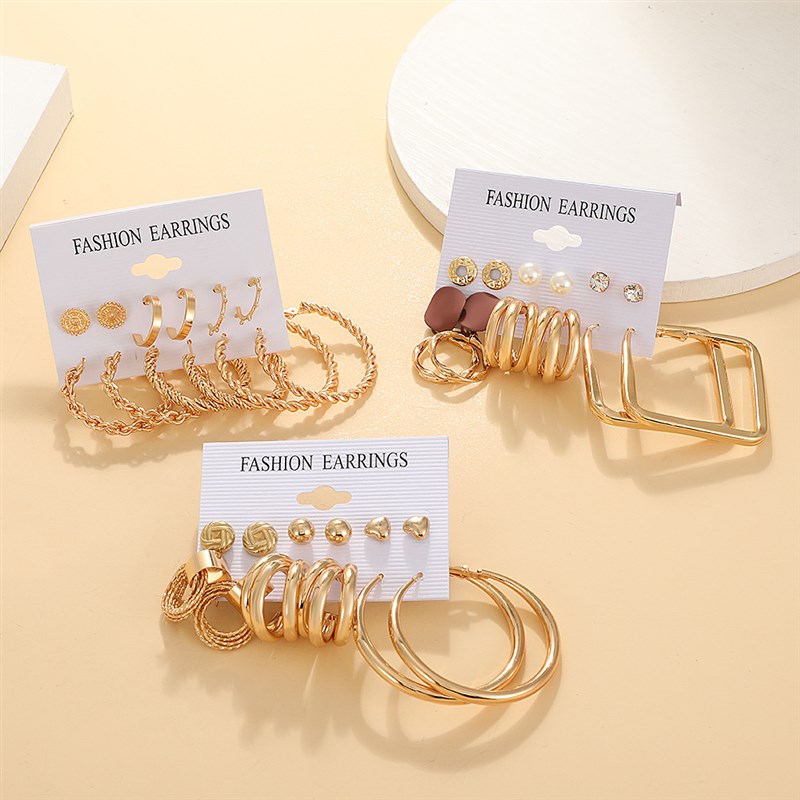 欧美镶嵌珍珠几何女士耳环复古法式金色耳圈耳钉套装6件套