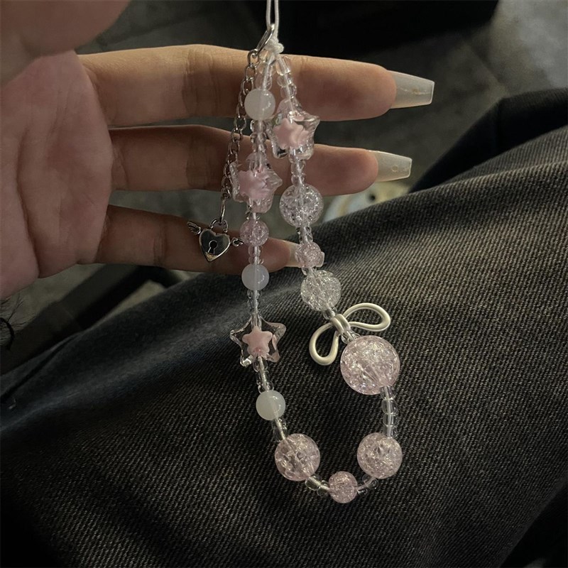 ins风甜酷轻奢少女粉色花朵手机链手机壳挂件ccd相机链条串珠