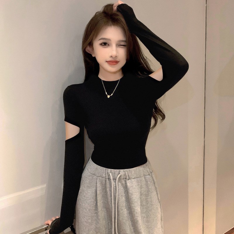 螺纹黑色半高领打底衫女秋冬内搭洋气设计感长袖修身加绒上衣