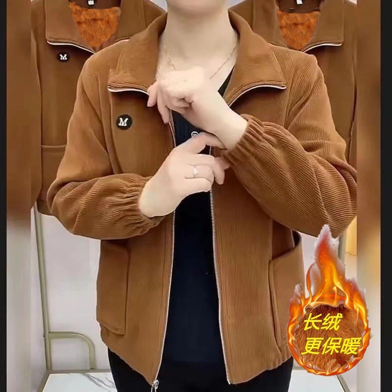 加绒加厚妈妈外套拉链秋冬灯芯绒长袖夹克中老年上衣宽Z松休闲纯