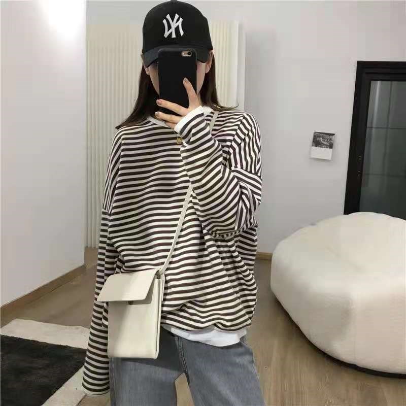 条纹卫衣a女春季薄款韩版宽松纯棉早秋上衣oversize慵懒风休闲外