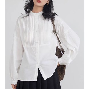 蓝色风琴褶法式 衬 立领通勤气质宽松白衬衫 女春日好S搭配灯笼长袖