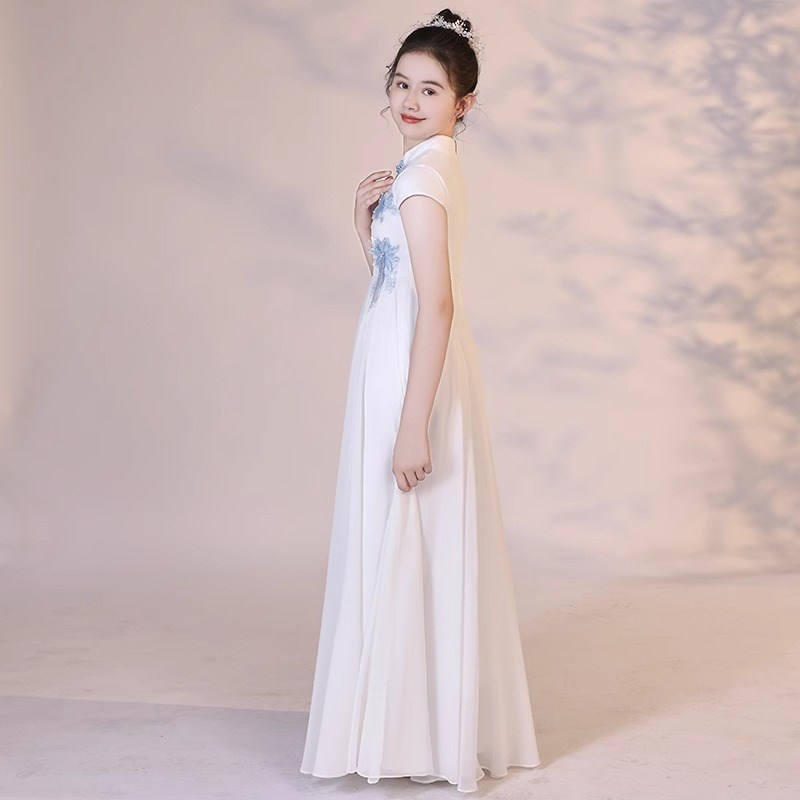白色女童古筝比赛演出服2024夏季中国风朗诵二胡演奏琵琶艺考礼服