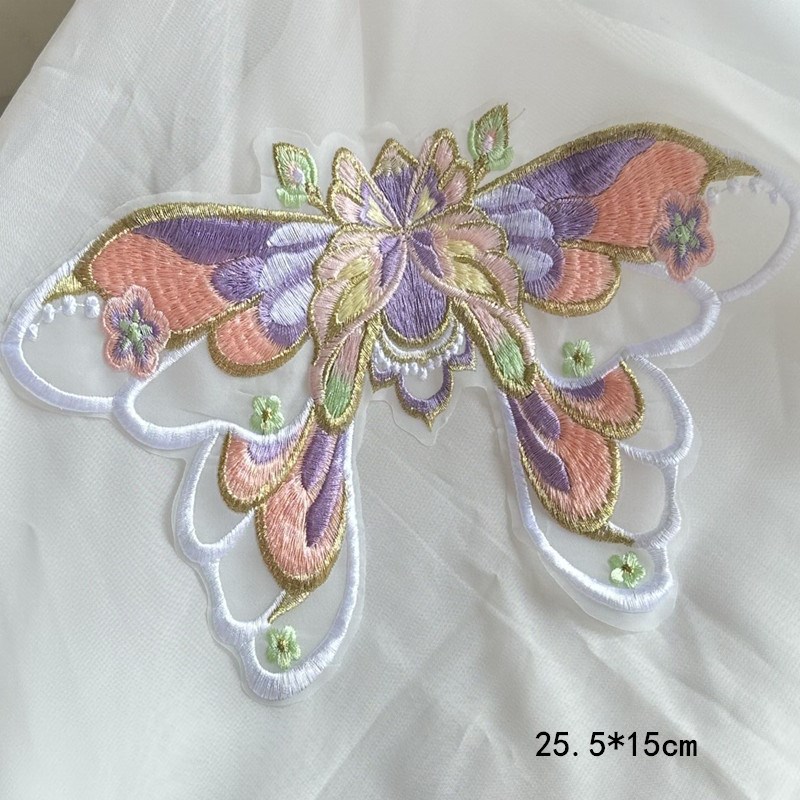 加密金线彩色大蝴蝶刺绣布贴欧根纱绣花补丁衣服裙装饰辅料DIY