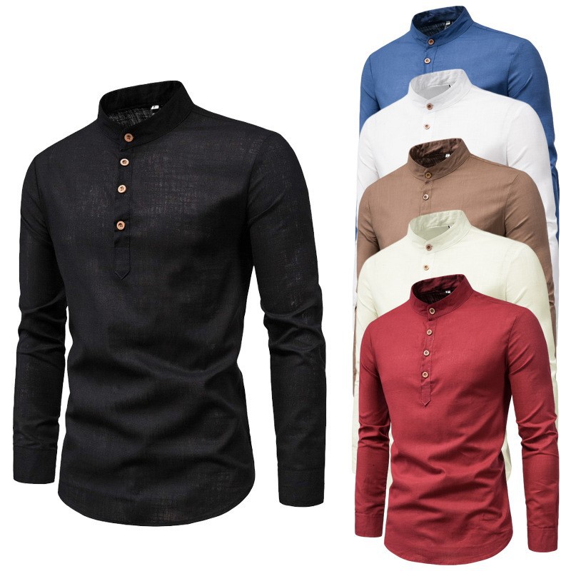 2025春夏时尚修身纯色长袖衬衣商务立领半开男士衬衫Men's Shirts