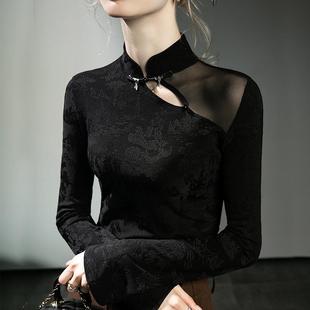 洋气新中式蕾丝打底衫女长袖网纱拼接t恤高级感轻国风旗袍领上衣