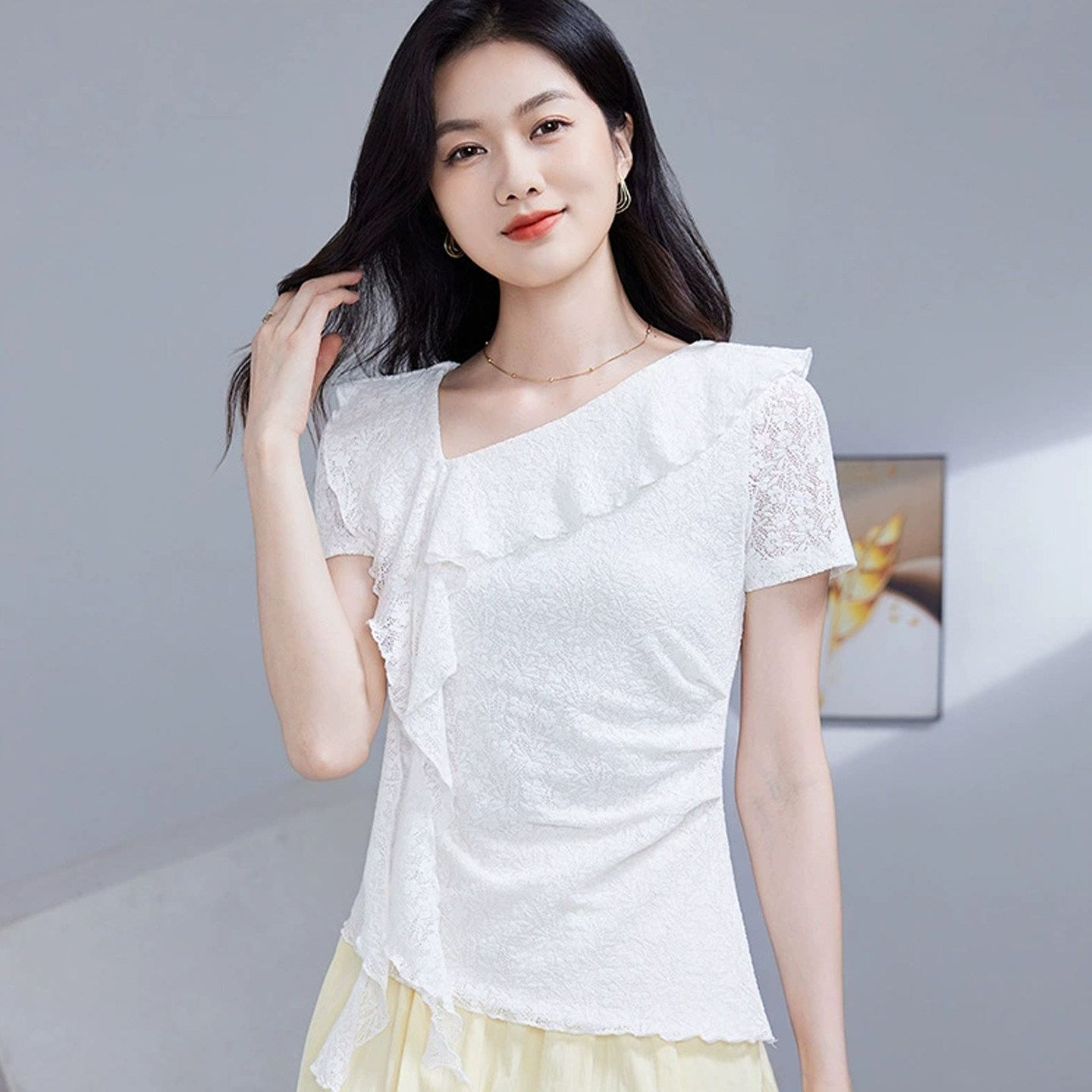 法式浪漫荷叶边蕾丝上衣女夏短袖