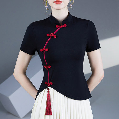 国风新中式盘扣旗袍领t恤女短袖
