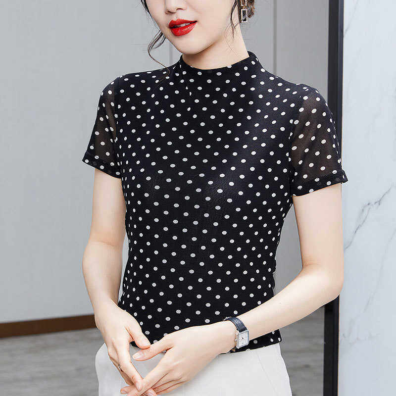 半高领洋气波点网纱t恤女夏短袖