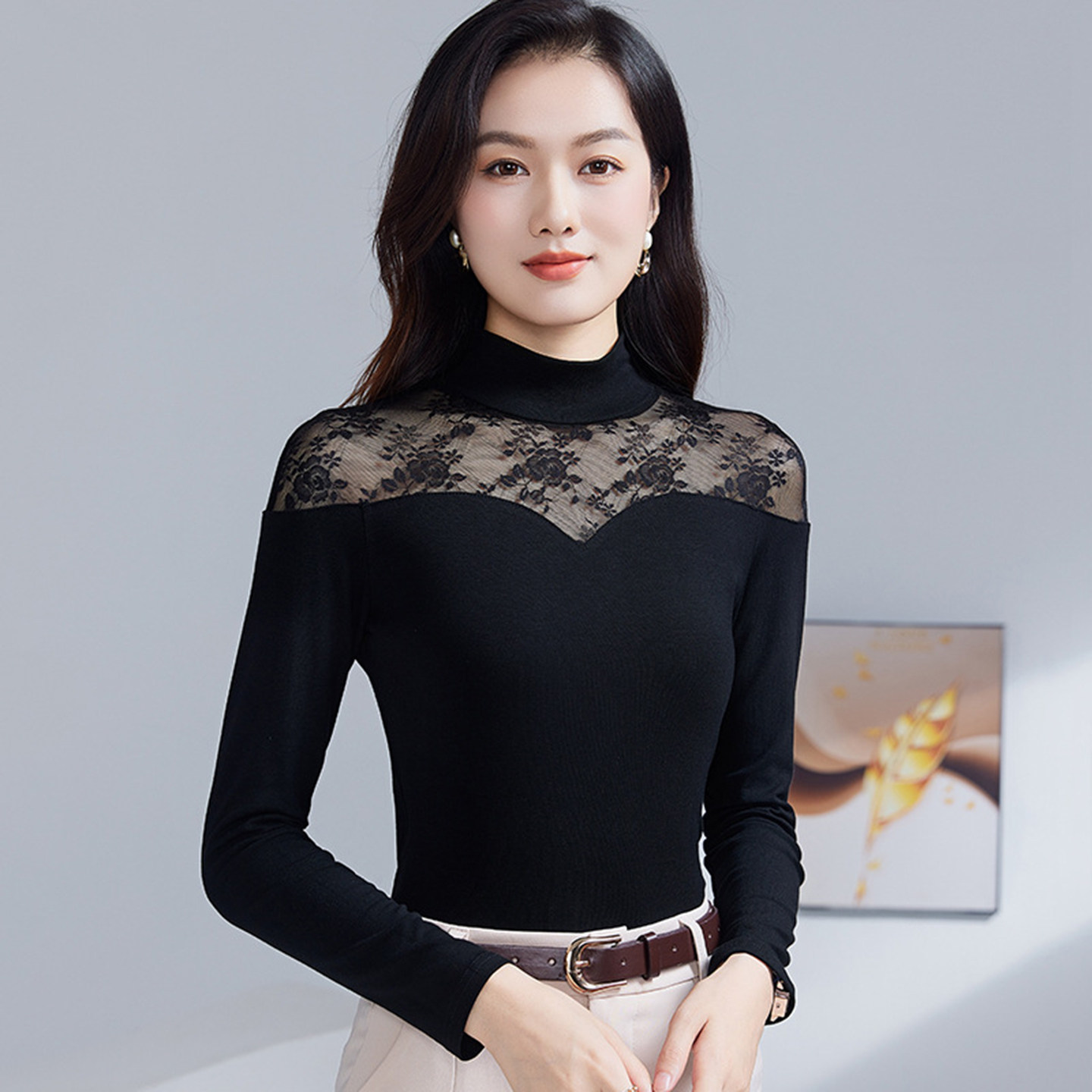 洋气半高领蕾丝打底衫女长袖秋装