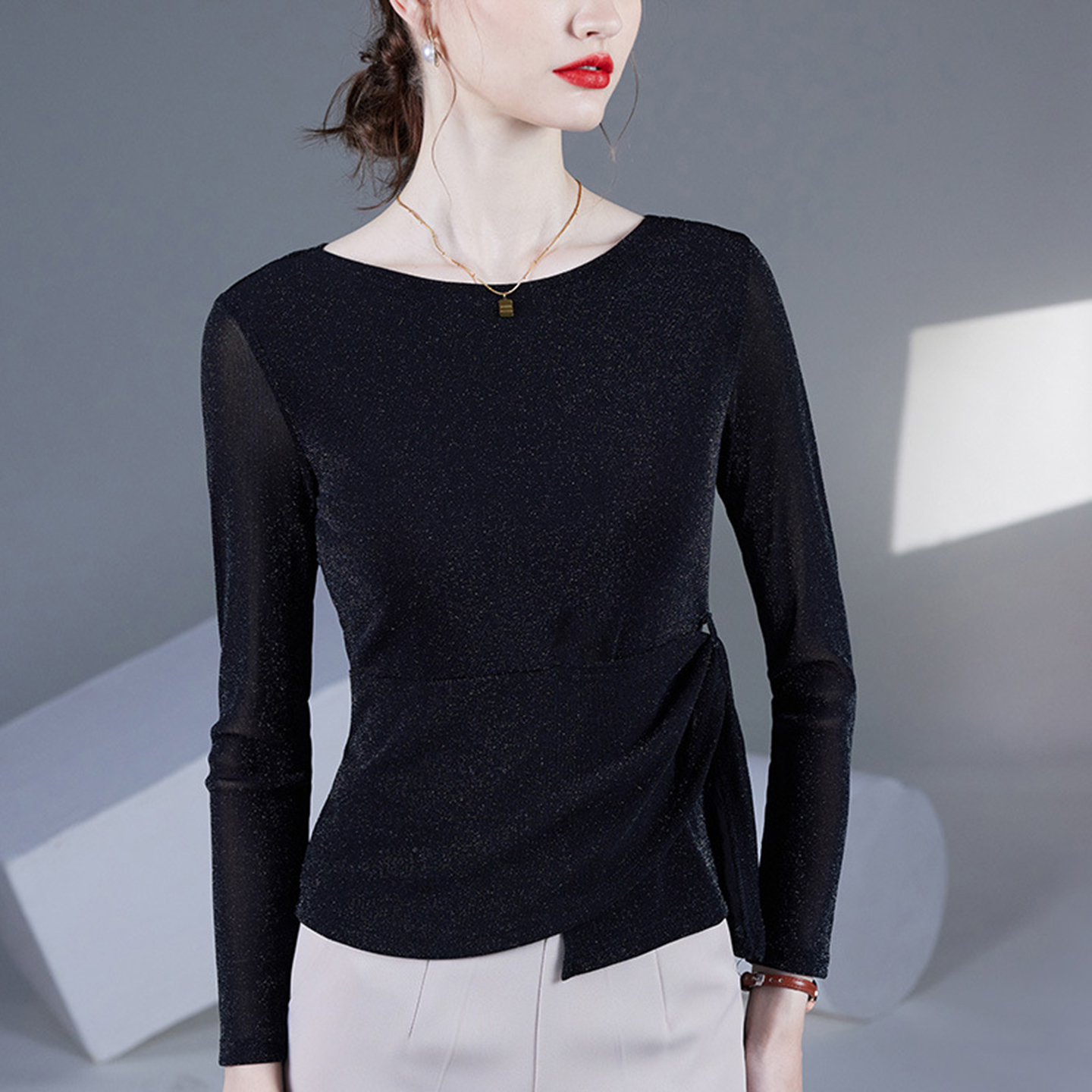 洋气一字领亮丝网纱上衣女秋长袖
