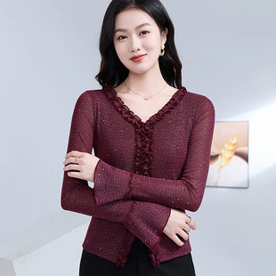 2026新款洋气木耳边v领网纱打底衫女款长袖t恤喇叭袖薄纱上衣春装