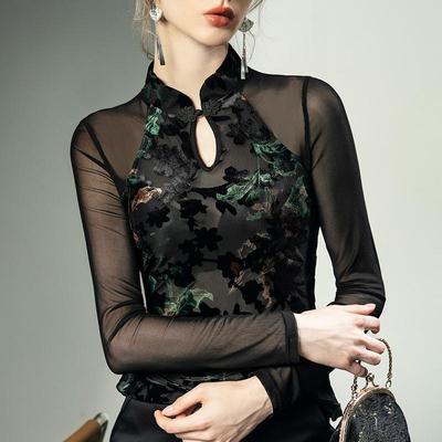 新中式半透视提花蕾丝网纱打底衫