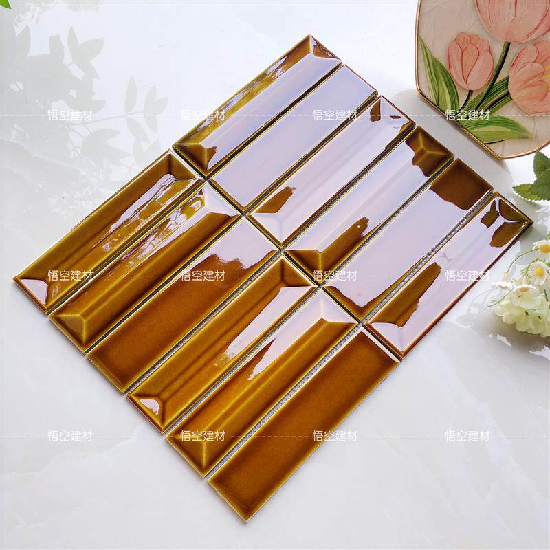 热销简约墨绿色长条马赛克立体50X200手工砖酒店吧台背景墙卫生间