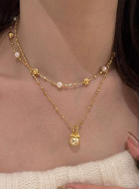 日本品质小松果猫眼珍珠项链配饰女轻奢小众锁骨链高级感叠戴吊坠