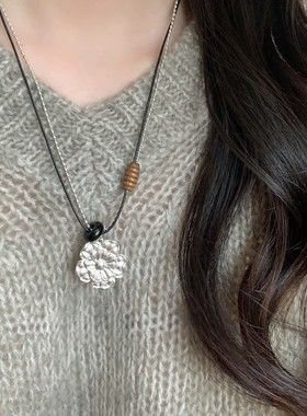 日本品质异彩编绳复古双层花朵天然石项链韩系小众设计感日常长款
