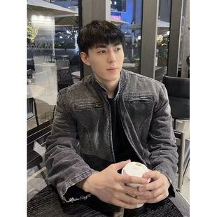 欧洲站美式短款牛仔外套男女高级感痞帅发型师潮牌男装垫肩立领牛