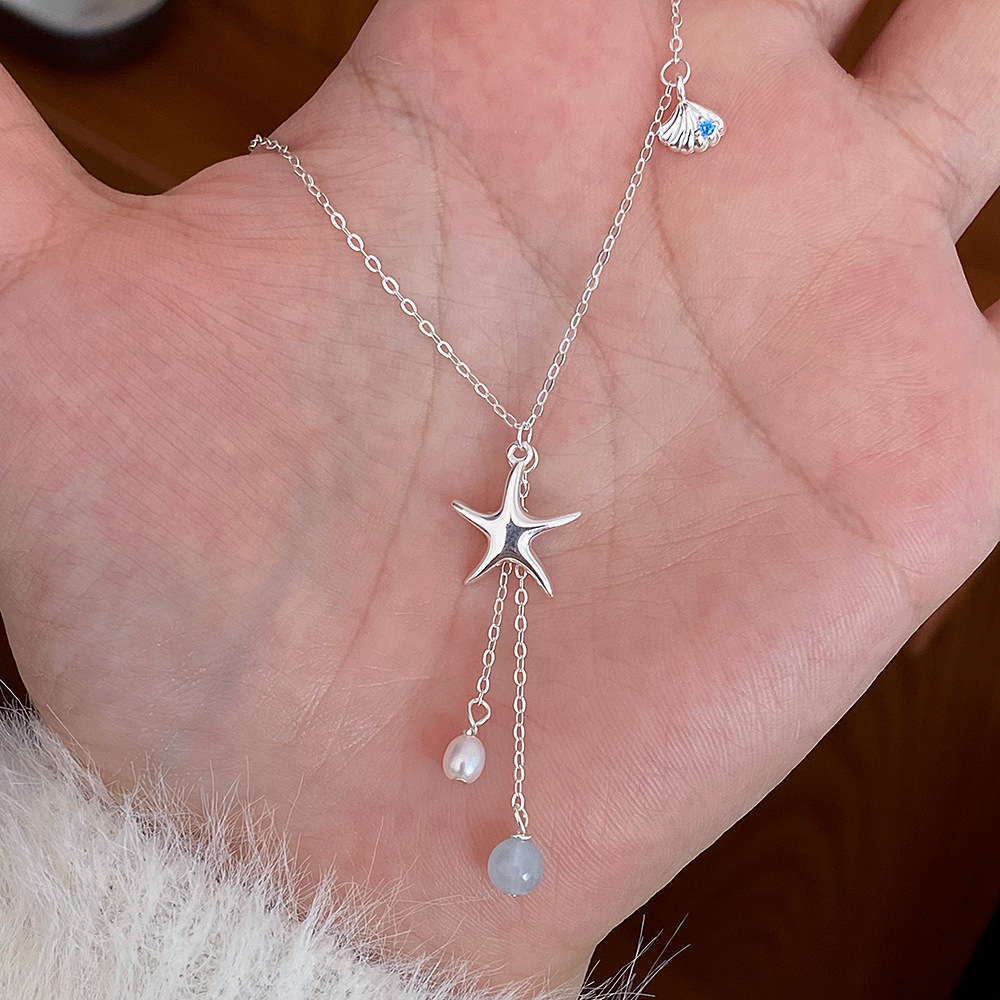 日本品质s925纯银天然海蓝宝淡水珍珠项链气质甜美海星贝壳锁骨链