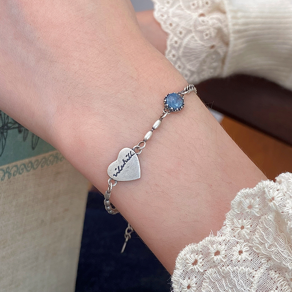 日本品质复古做旧S925纯银天然海蓝宝米粒链条拼接手链ins女百搭